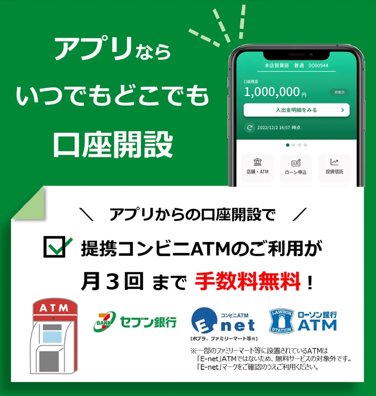 アプリからの口座開設で、提携コンビニATM（セブン銀行・E-net・ローソン銀行）のご利用が月3回まで手数料無料