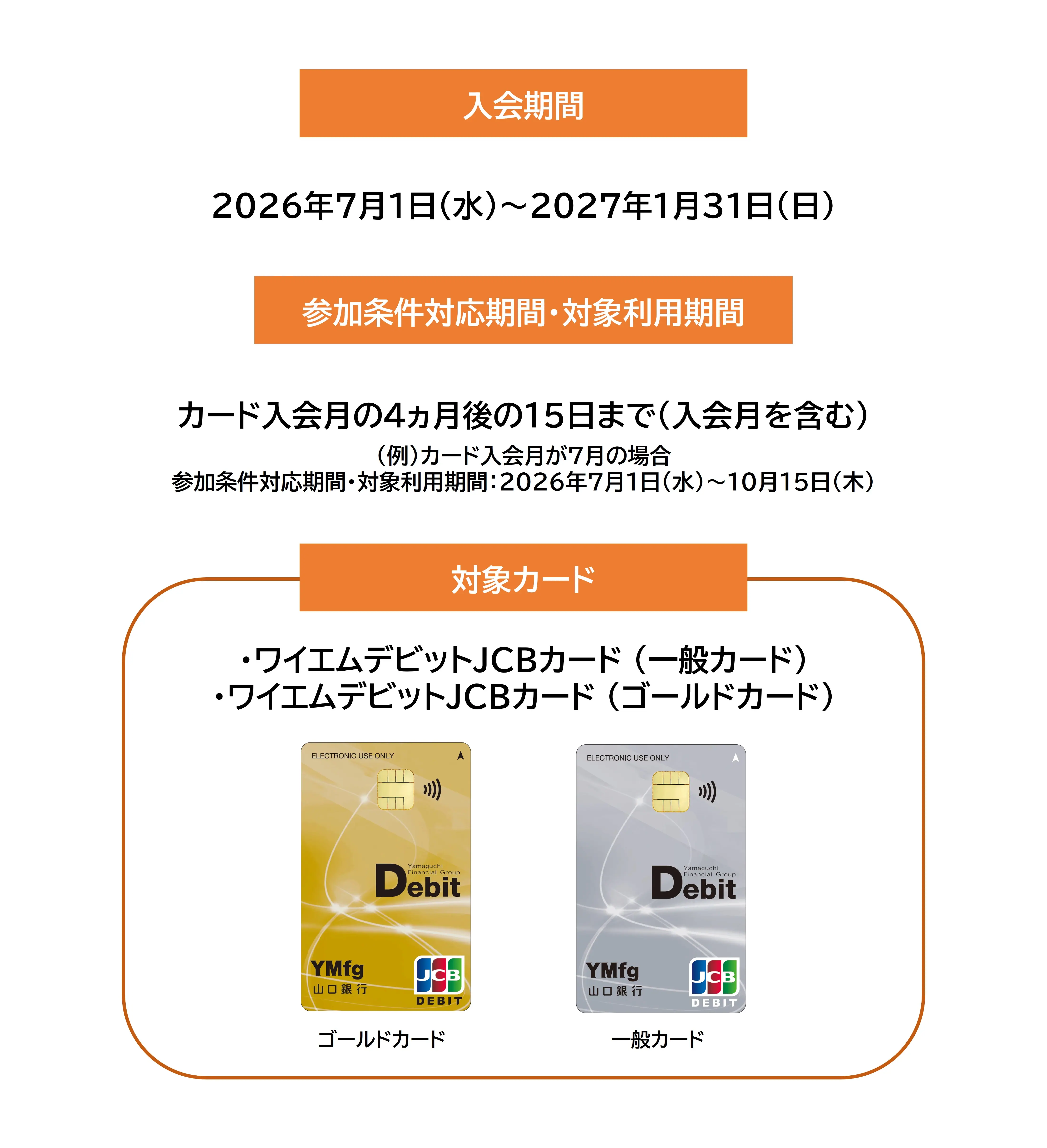 JCBデビットカード新規入会者限定キャッシュバックキャンペーンの対象期間および対象カード券種 