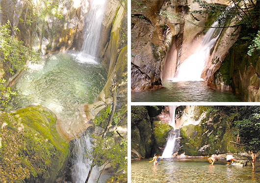 左／龍頭の滝の写真 右上／登龍の滝の写真 右下／龍尾の滝の写真